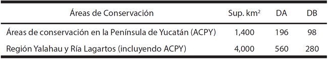 Estimación del tamaño poblacional de ocelotes (sin diferenciar sexo 14 ind/100km2 (DA), de machos y hembras 7 ind/100km2 (DB)) para las áreas de conservación privadas y nacionales al norte de la Península de Yucatán.