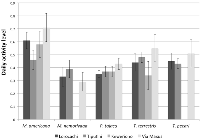Daily activity level (i. e., proportion of hours per day that an animal is active) of ungulates across the four study sites in Yasuní; error bars represent the standard error.