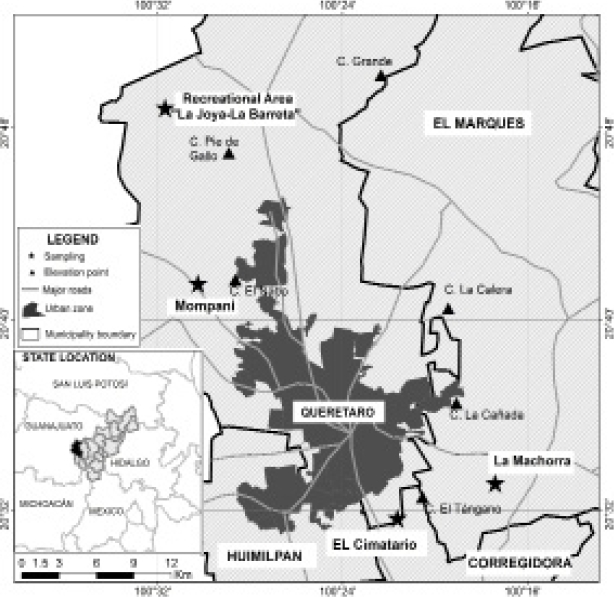 Scat collection sites in areas surrounding the city of Queretaro, Mexico.