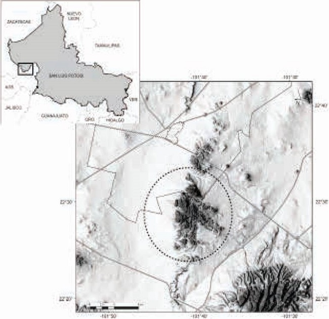 Location of Peñón Blanco in the Potosino-Zacatecano Plateau, Mexico. The dotted line marks the area of study.
