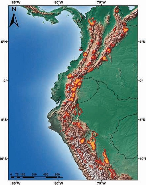 Potential distribution range of Coendou rufescens (orange) in relation to protected areas in Colombia, Ecuador and Peru (red boundaries).