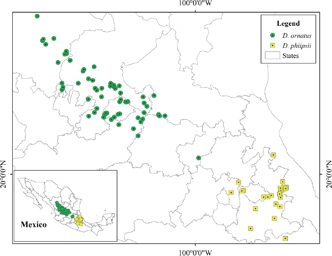 Location map of collection records of kangaroo rats Dipodomys ornatus and D. phillipsii.