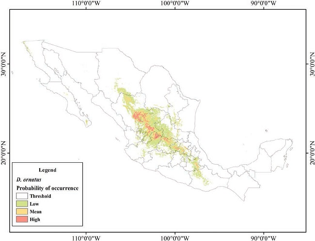 Map of the predictive distribution model for Dipodomys ornatus in Mexico.