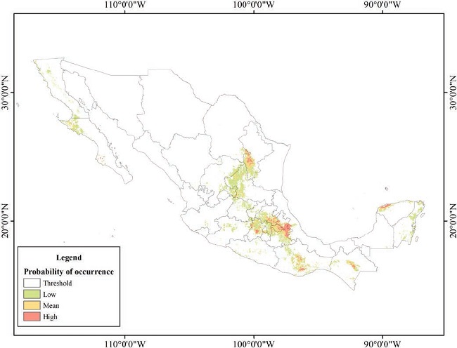 Map of the predictive distribution model for Dipodomys phillipsii in Mexico
