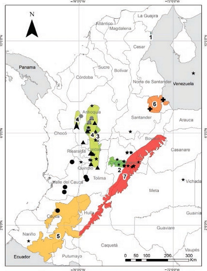 Geographic distribution of shrews in Colombia from IUCN maps (numbers) and GBIF available records (symbols). 1) C. perijensis (no GBIF records). 2) C. brachyonyx (no GBIF records). 3) C. colombianus (triangle). 4) C. medellinius (grey hexagon). 5) C. squamipes (circle). 6) C. tamensis (cross). 7) C. thomasi (star).