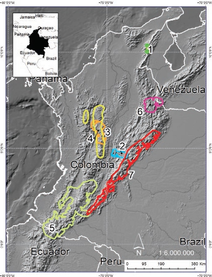 Overlay of the areas of distribution of shrews on conservation areas in Colombia. Numbers indicate the names of species: 1) C. perijensis. 2) C. brachyonyx. 3) C. colombianus. 4) C. medellinius. 5) C. squamipes. 6) C. tamensis. 7) C. thomasi.