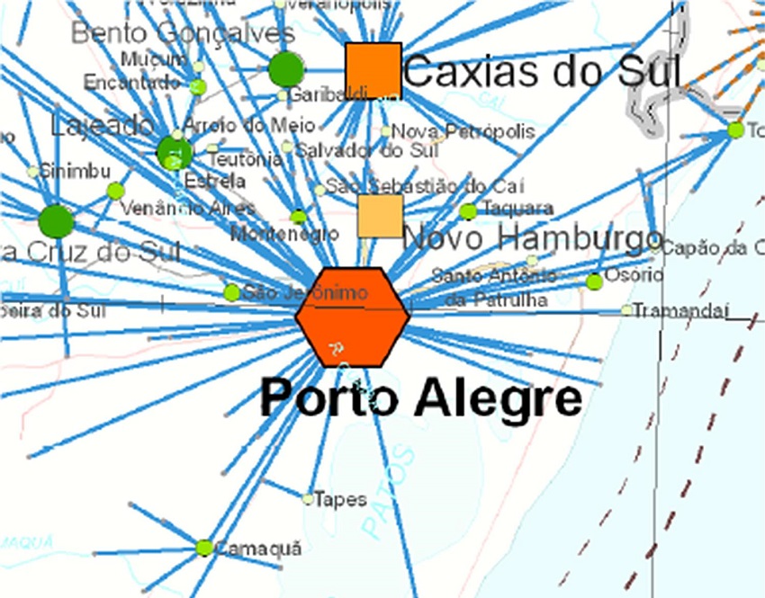 &ndash; Fluxos de polariza&ccedil;&atilde;o no entorno de Porto Alegre segundo a Regic