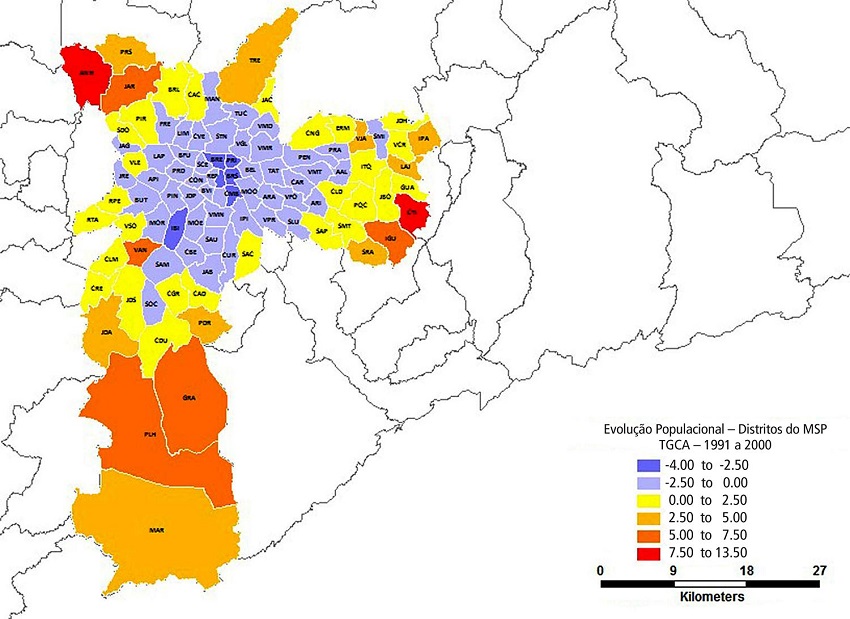 &ndash; Taxa geom&eacute;trica de crescimento anual segundo distritos do MSP 1991 a 2000