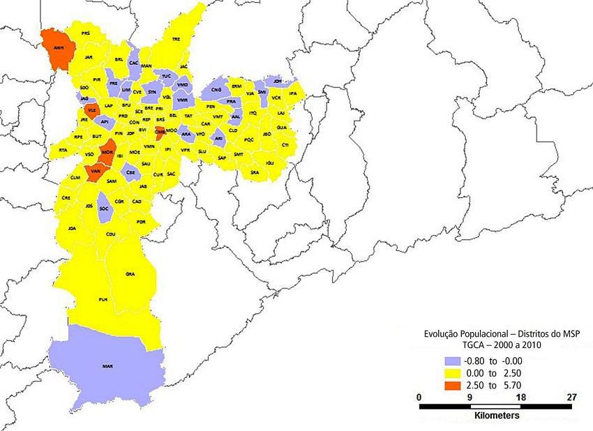 &ndash; Taxa geom&eacute;trica de crescimento anual segundo distritos do MSP 2000 a 2010