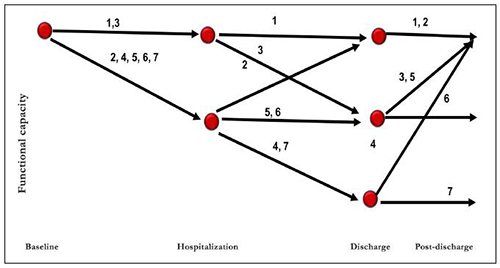 Trajectories of the functional capacity of the sample of elderly patients hospitalized at the HCFMB, S&atilde;o Paulo, 2016.