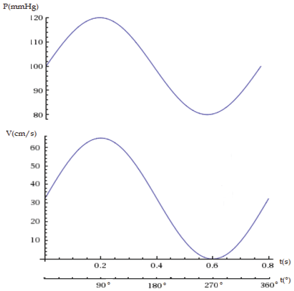 Variaci&oacute;n temporal de la velocidad impuesta en la entrada de la aorta ascendente y de la presi&oacute;n impuesta en cada descarga de las ramas principales