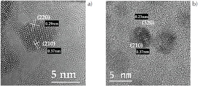 a) and b) HRTEM images in two different regions