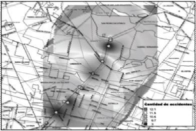 Mapa de calor, el color oscuro indica la mayor presencia de accidentes (creación propia)