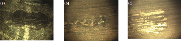 Microscopia óptica de las pruebas de desgaste, a) Aluminio, b) Nitruro de titanio (seco), c) Nitruro de titanio (lubricado)