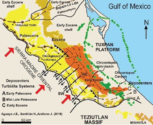 Depocenters of turbidity systems during Early Paleogene, and the SW-NE dextral strike-slip fault systems during laramide stresses