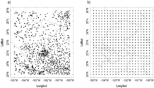 Interpolaci&oacute;n de la informaci&oacute;n, a) datos de las estaciones CLICOM, b) datos CLICOM convertidos en una malla con resoluci&oacute;n espacial de 1/4&ordm;