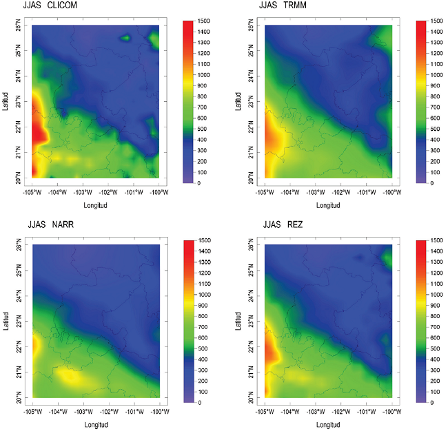 Mallas regulares del promedio de precipitaci&oacute;n acumulada (mm) de la lluvia estacional en el periodo 2001 a 2010