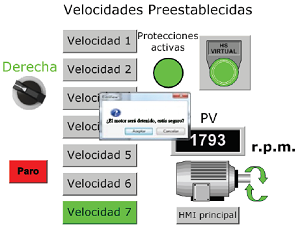 HMI velocidades preestablecidas, ventana auxiliar de precaución