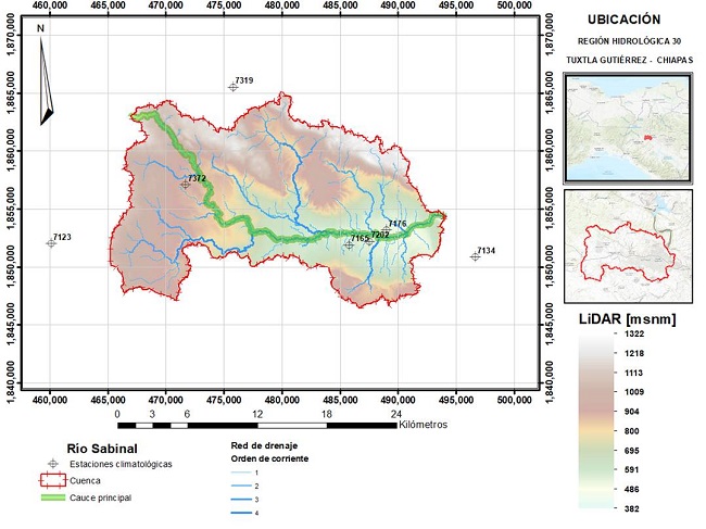 Ubicaci&oacute;n de las estaciones climatol&oacute;gicas consideradas en la cuenca del r&iacute;o Sabinal