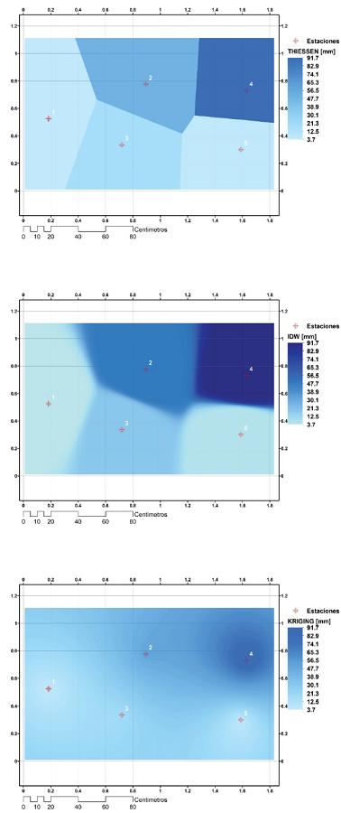 Distribuci&oacute;n espacial de la precipitaci&oacute;n en la mesa hidrol&oacute;gica: a) pol&iacute;gonos de Thiessen, b) inverso de la distancia y c) Kriging ordinario