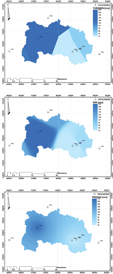 Distribuci&oacute;n espacial de la precipitaci&oacute;n en la cuenca del r&iacute;o Sabinal: a) pol&iacute;gonos de Thiessen, b) inverso de la distancia y c) Kriging ordinario