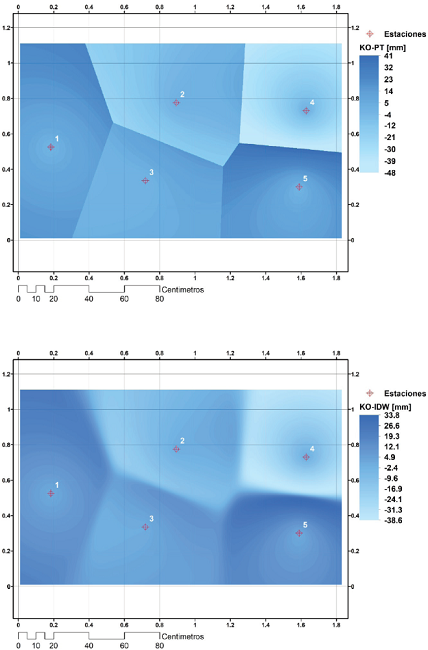 Diferencias de l&aacute;minas de precipitaci&oacute;n en la mesa hidrol&oacute;gica: a) KO-PT y b) KO-IDW