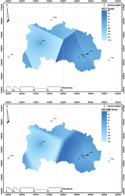 Diferencias de l&aacute;minas de precipitaci&oacute;n en la cuenca del r&iacute;o Sabinal: a) KO-PT y b) KO-IDW