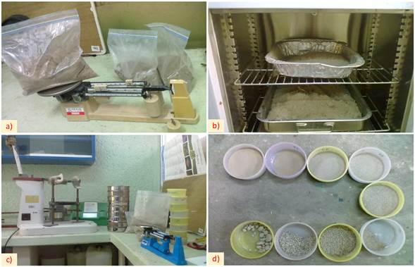 Actividades de laboratorio: a) pesado, b) secado, c) tamizado y d) separaci&oacute;n de tama&ntilde;os