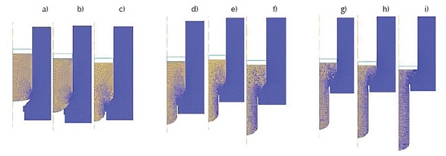 Evolución del proceso de extrusión atendiendo a los desplazamientos del pistón; a) 9.24 mm; b) 19.2 mm; c) 29.5 mm; d) 39.5 mm; e) 50.3 mm; f) 60.6 mm; g) 70.8 mm; h) 80.7 mm y i) 95 mm