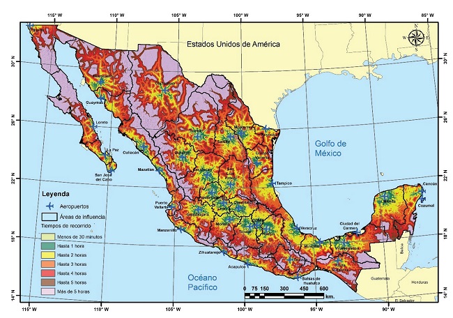 Isócronas de recorrido y áreas de influencia de los aeropuertos mexicanos en servicio internacional