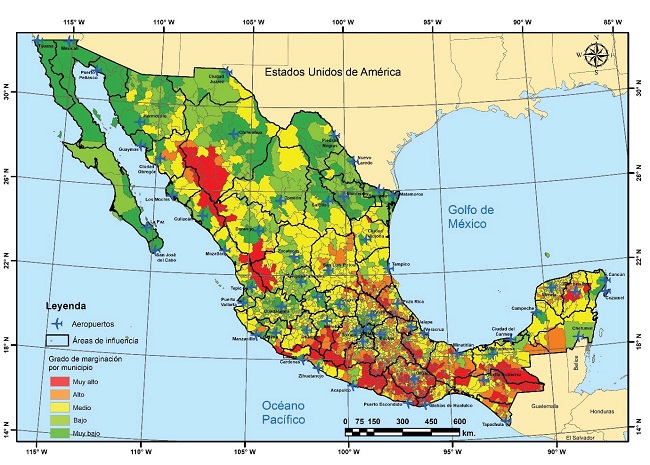 Grados de marginación dentro de las áreas de influencia de los aeropuertos mexicanos en servicio nacional