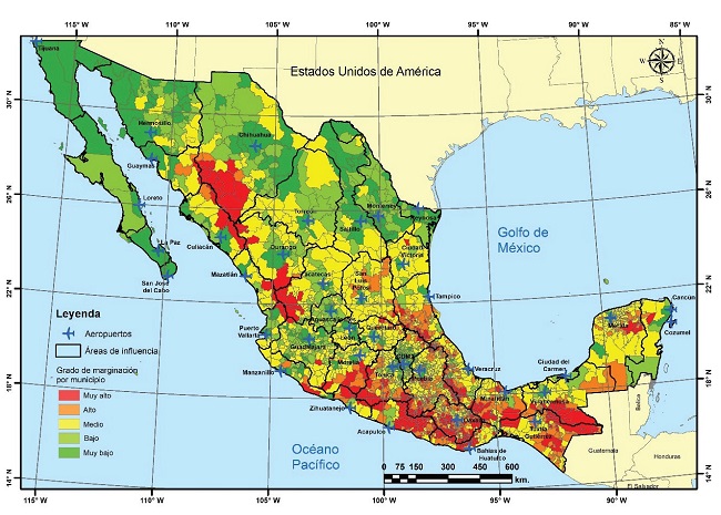 Grados de marginación dentro de las áreas de influencia de los aeropuertos mexicanos en servicio internacional