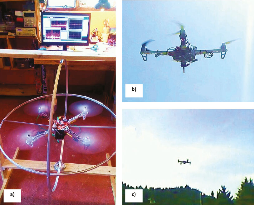 Experimentation, a) test bench, b) and c) quasi-static flight