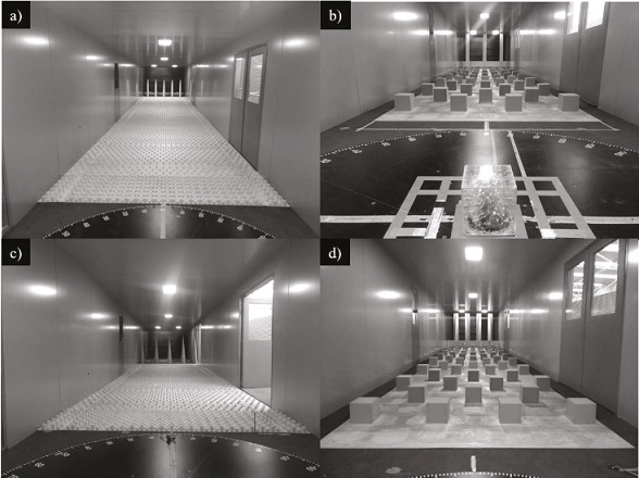Devices for urban simulation with: a) Counihan’s full-depth
								simulation, b) Counihan’s part-depth simulation, c) Irwin’s
								full-depth simulation, d) Irwin’s part-depth simulation