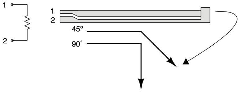 Diagrama y modelo esquemático del sensor FlexSensor de SpectraSymbol
