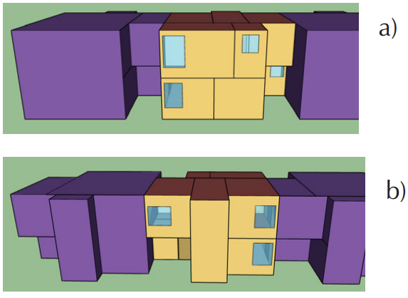 The house with the neighboring houses attached to it, a) front view with the main facade oriented to the North and b) back view