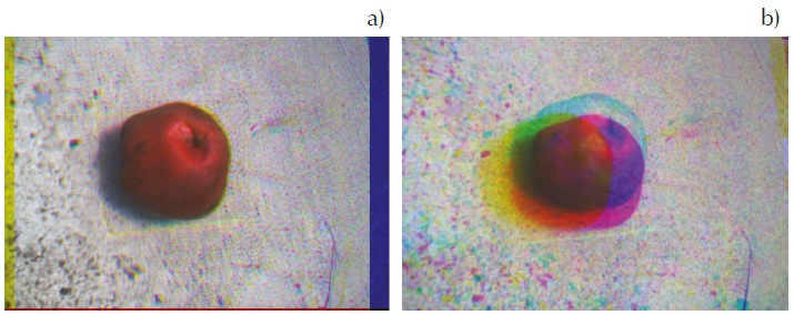 Resultados de la reconstrucci&oacute;n: a) RGB y b) sobreposici&oacute;n de las im&aacute;genes