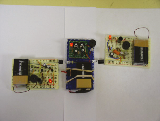 Maqueta de la red de “luciérnagas electrónicas”, integrada por el Matc-amo (centro) y dos Matpc-esclavos, en operación sincronizada e indicada por los testigos lumínico/sonoros (Núñez, 2021)