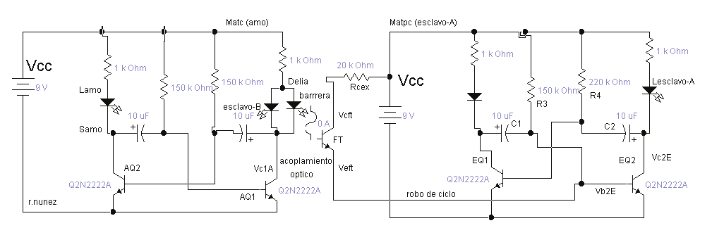Maqueta de “luciérnagas electrónicas” construida con multivibradores astables (v.g., Matc y Matpc), acoplamiento óptico y sincronizacion vía amo-esclavo