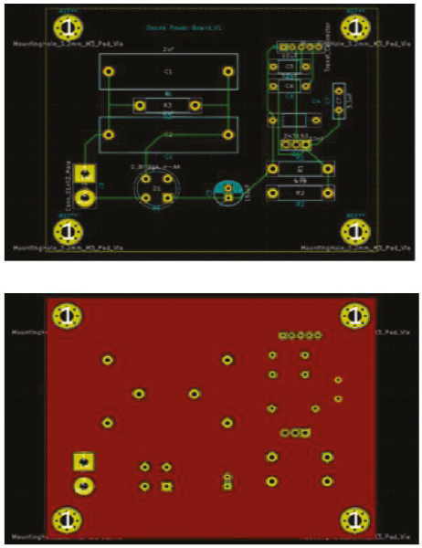 (Arriba) Cara superior del PCB (Printed Circuit Board) donde se muestran los nodos del circuito. (Abajo) Cara superior del PCB, circuito con el plano de tierra activo