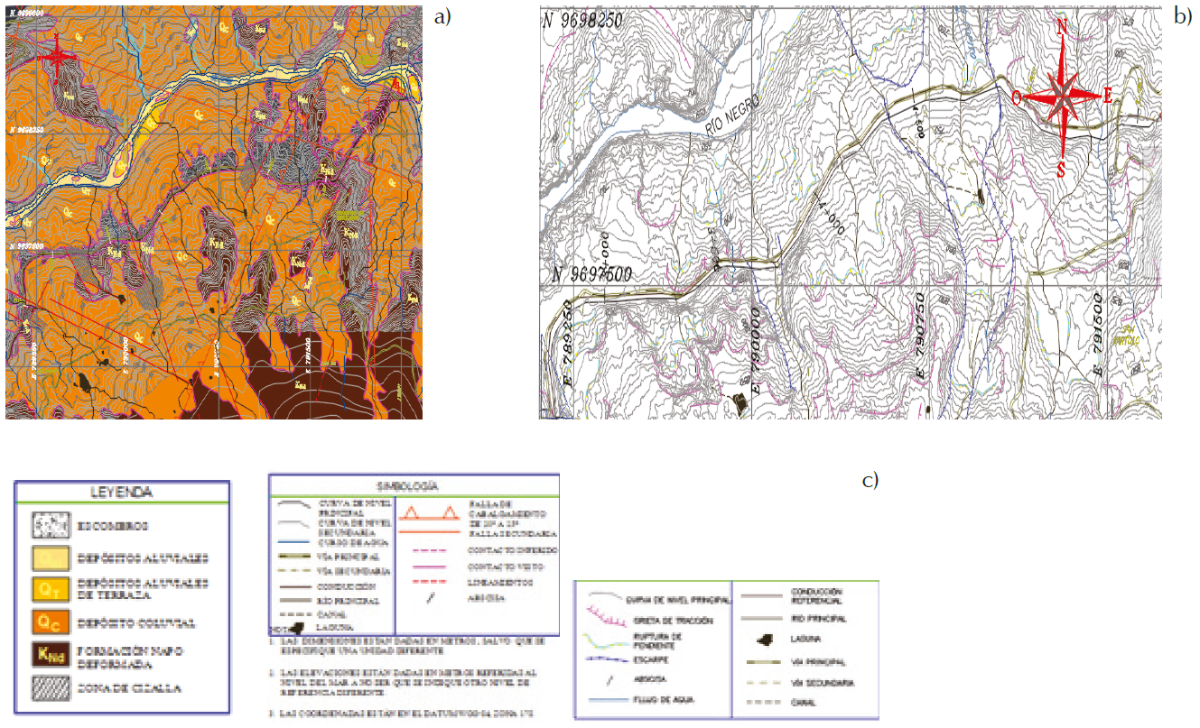 Marco geol&oacute;gico regional: a) Extracto de mapa geol&oacute;gico regional, b) Extracto de mapa Geomorfol&oacute;gico, c) Leyenda y simbolog&iacute;a