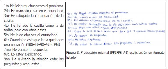 Explicitación del proceso de solución: transcripción al castellano (izquierda), producción original (derecha)