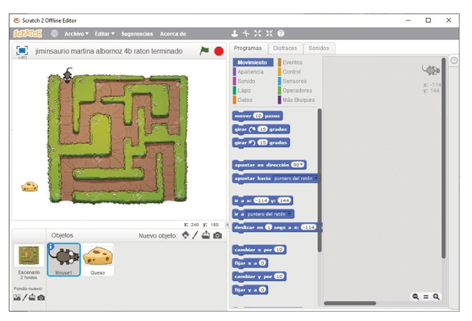 Entorno de trabajo en Scratch para la actividad de desplazamiento del ratón en el laberinto.