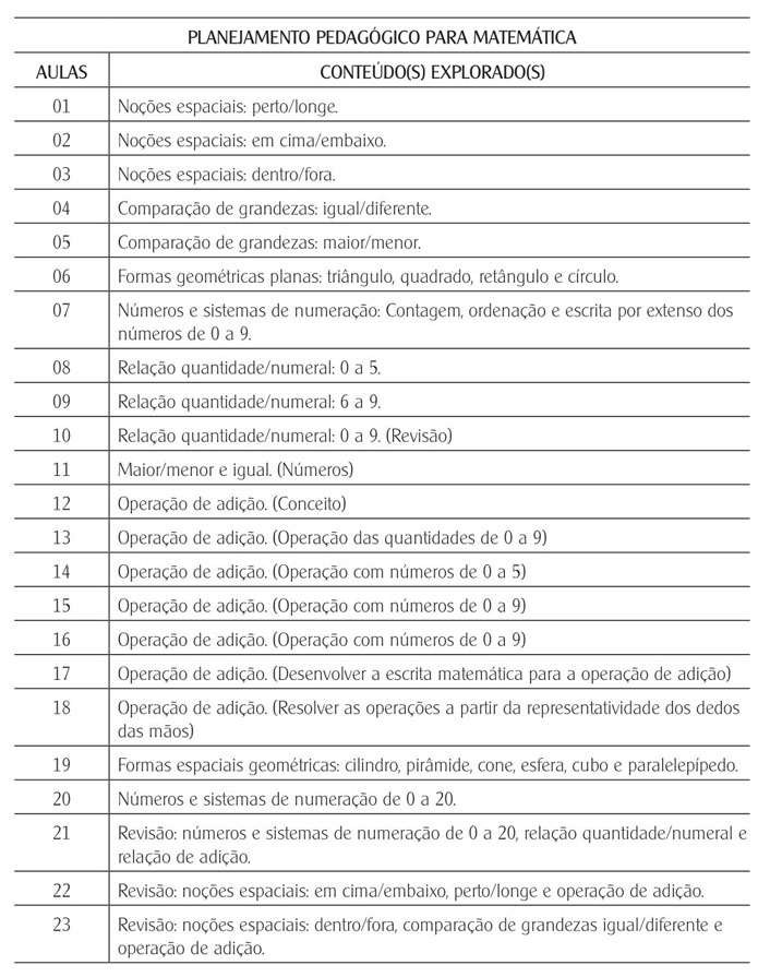 Planejamento pedagógico com descrição de conteúdos para o aluno acompanhado.