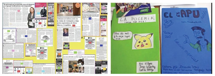 Ejemplos de las páginas diseñadas por los participantes de 16 años de edad. A la izquierda, propuesta del interior del diario con los recortes seleccionados y pegados; a la derecha, dos ejemplos del exterior del diario con sus portadas creativas.
