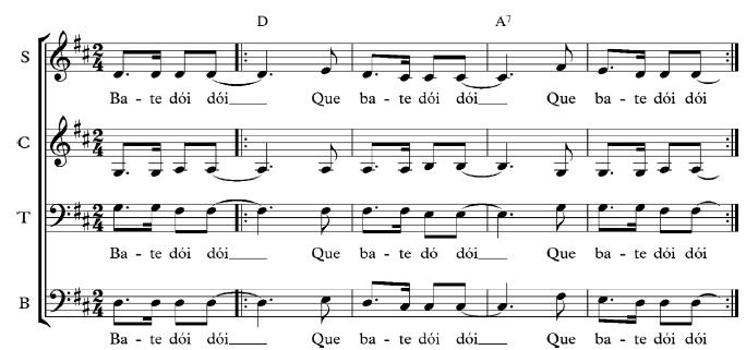 Transcrição aproximada da abertura de vozes do coro nos refrães de “Dói”