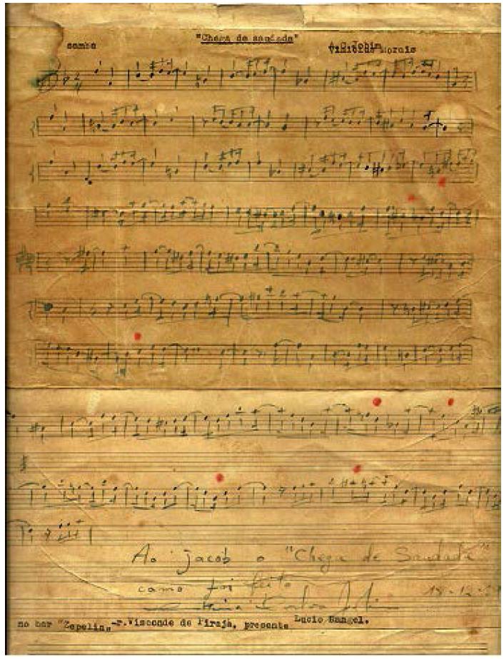 Partitura aut&oacute;grafa de &ldquo;Chega de saudade&rdquo; escrita por Tom Jobim com dedicat&oacute;ria a Jacob do Bandolim. Arquivo do Jacob (s.d.)
