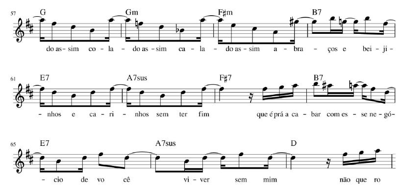 Reprodu&ccedil;&atilde;o dos compassos 57 a 67 da partitura aut&oacute;grafa de &ldquo;Chega de saudade&rdquo; com dedicat&oacute;ria a Jacob do Bandolim, com cifras adicionadas. 