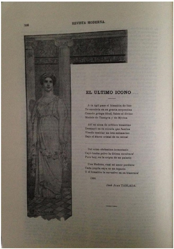 Jos&eacute; Juan Tablada, &ldquo;El &uacute;ltimo &iacute;cono&rdquo;, Revista Moderna, Arte y Ciencia, a&ntilde;o III, n. 20, octubre 1900, p. 308. (Ed. Facsimilar v. III) Dibujo firmado L. Izaguirre
