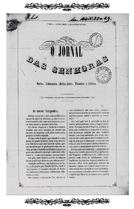 Primeira p&aacute;gina com cabe&ccedil;alho de O Jornal das Senhoras, n. 1, 1852, p. 1.